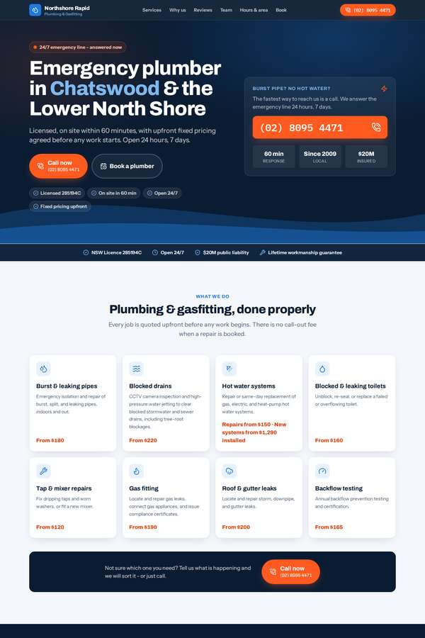 Opus 4.8 build of Northshore Rapid Plumbing local emergency service site