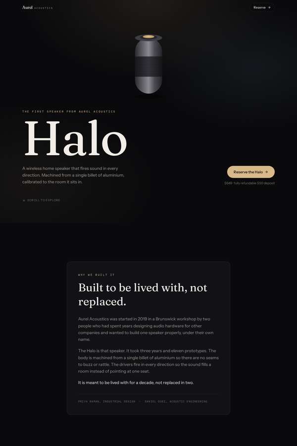 Opus 4.8 build of Aurel Halo immersive 3D product-launch microsite