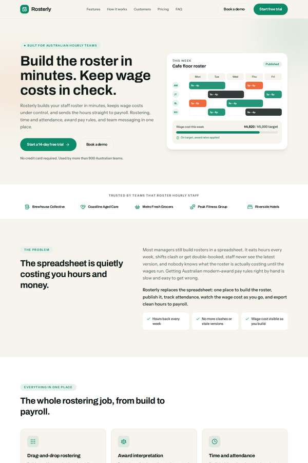 Opus 4.8 build of Rosterly workforce shift-scheduling SaaS marketing site