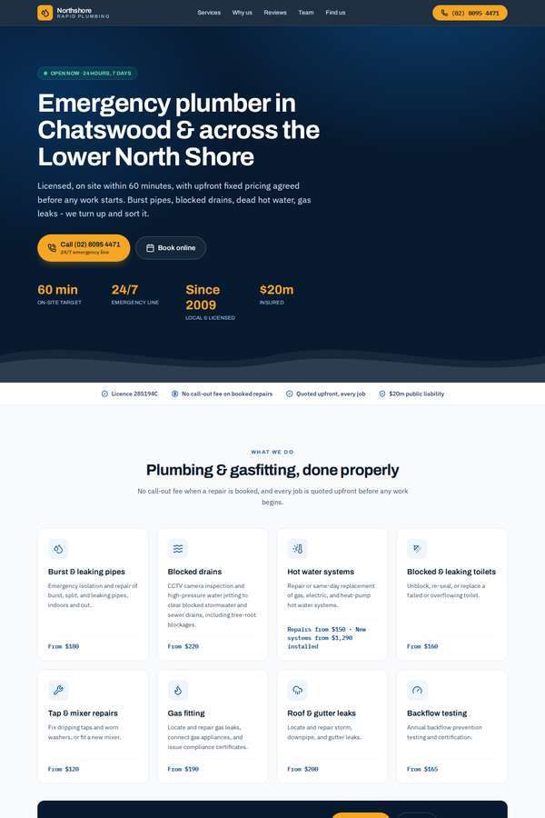 Opus 4.8 build of Northshore Rapid Plumbing local emergency service site
