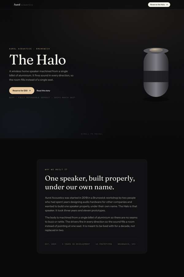 Opus 4.8 build of Aurel Halo immersive 3D product-launch microsite