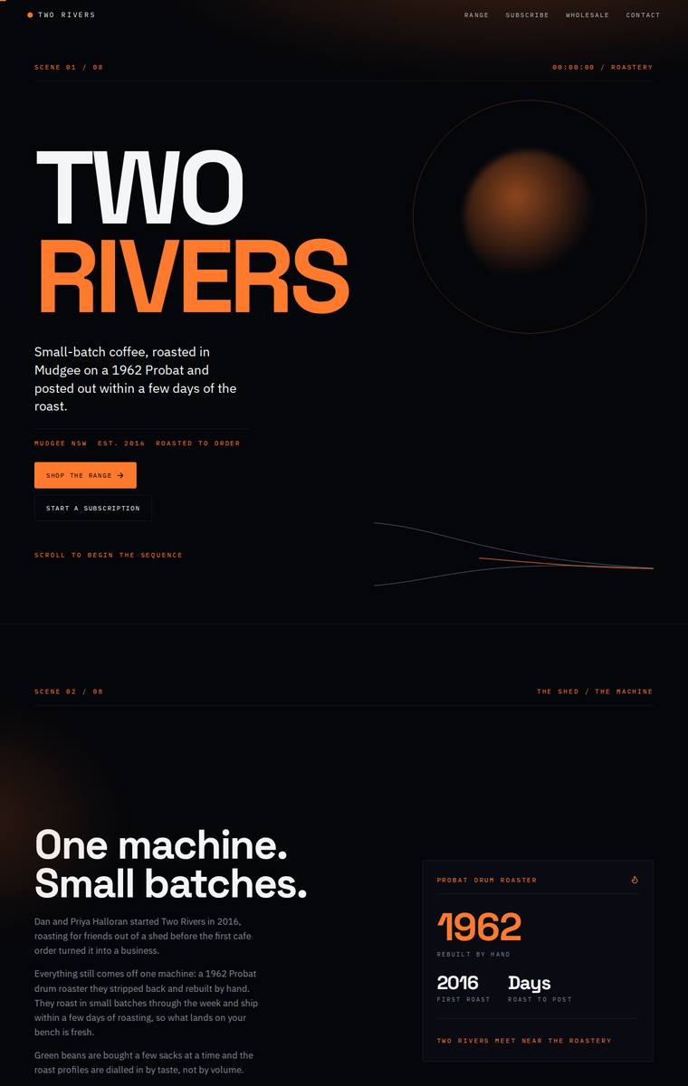 Yuki Tanabe (Opus 4.8) rendering of the Two Rivers Coffee Roasters single-page site benchmark - composite 89.1%, judge 4.6/5