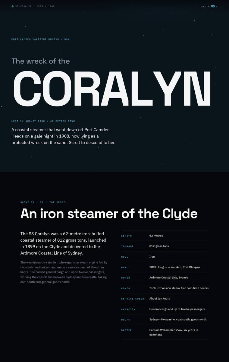 Yuki Tanabe (Opus 4.8) webdesign output - The Wreck of the Coralyn maritime museum microsite