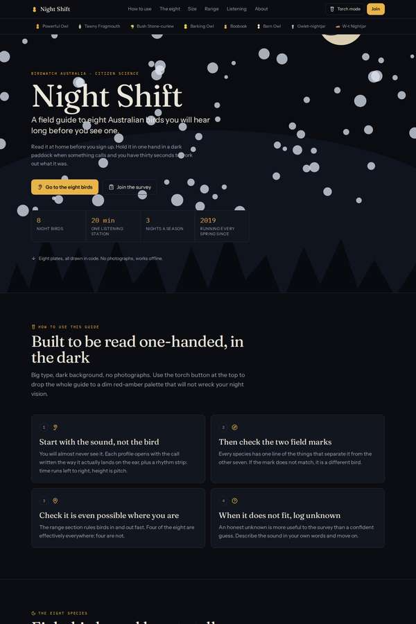 Opus 4.8 build of Night Shift nocturnal bird field guide
