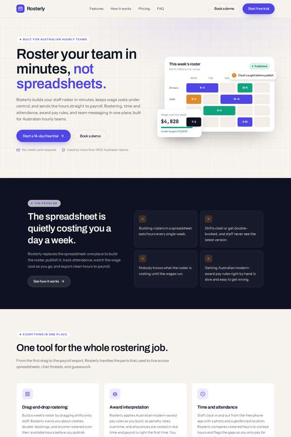 Opus 4.8 build of Rosterly workforce shift-scheduling SaaS marketing site
