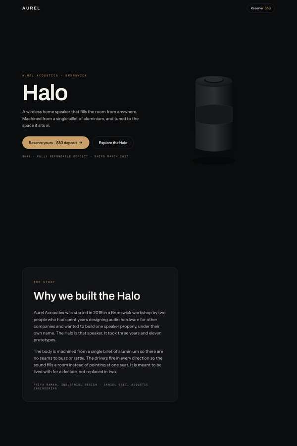 Opus 4.8 build of Aurel Halo immersive 3D product-launch microsite