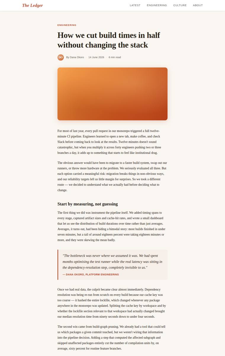 claude-sonnet-4-6 rendering of the Reproduce an editorial blog article page from its screenshot benchmark - composite 92.4%