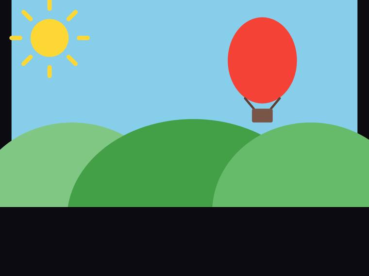 claude-sonnet-4-6 rendering of the Flat multi-object scene (sun, hills, hot-air balloon) benchmark - composite 100.0%