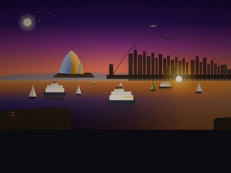 claude-sonnet-4-6 rendering of the Sydney Harbour at golden hour (SVG scene) benchmark - composite 56.3%, judge 3.3/5