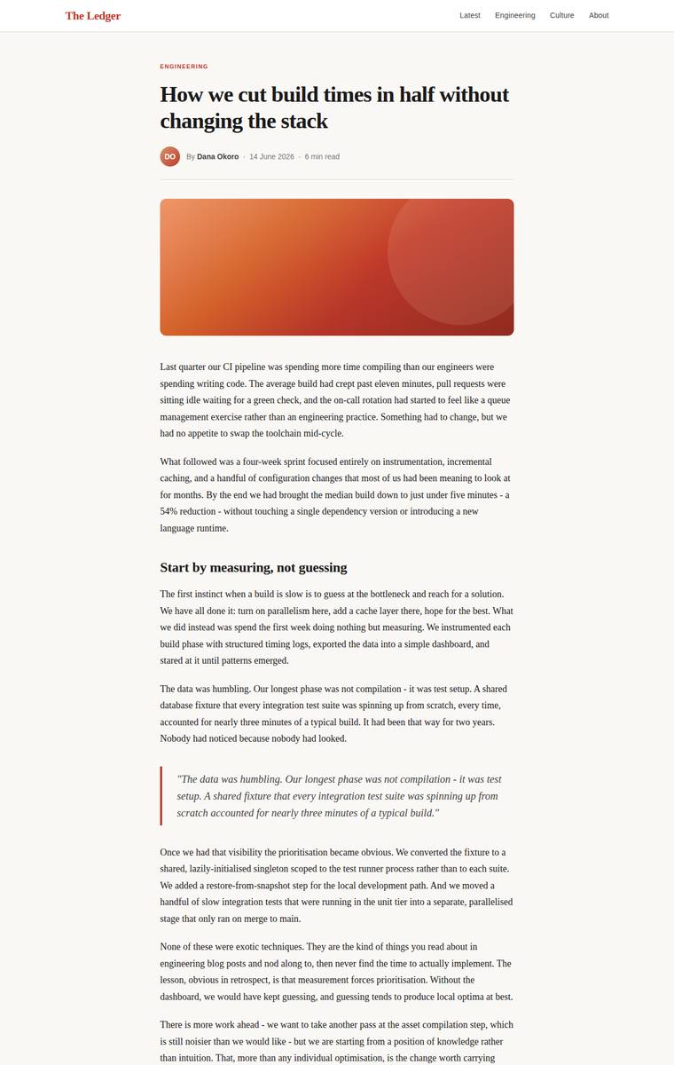 claude-sonnet-4-6 rendering of the Reproduce an editorial blog article page from its screenshot benchmark - composite 93.7%