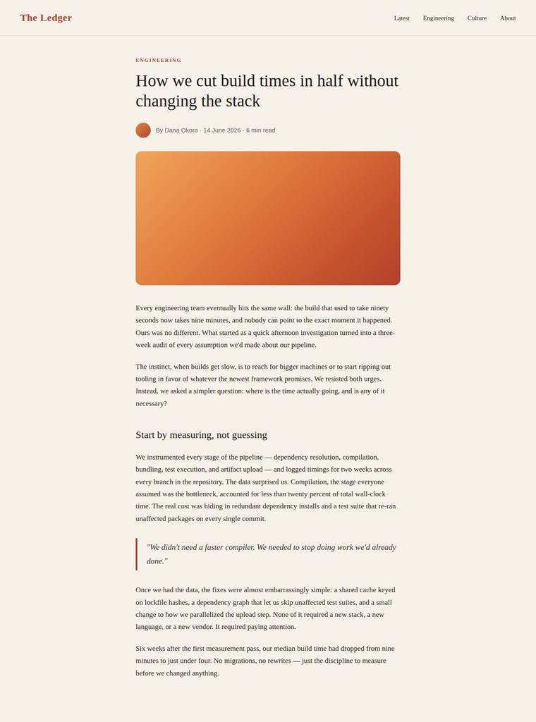 claude-sonnet-5 rendering of the Reproduce an editorial blog article page from its screenshot benchmark - composite 91.4%