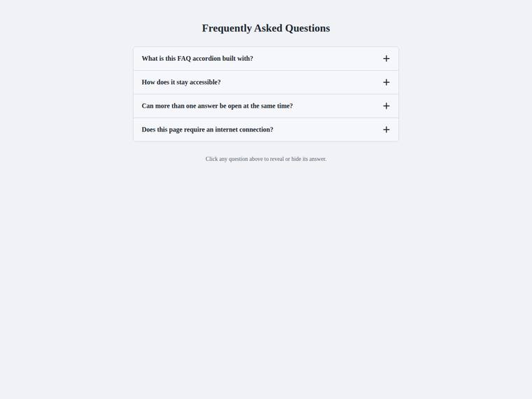claude-sonnet-5 rendering of the Accessible accordion FAQ that expands on click benchmark - composite 100.0%