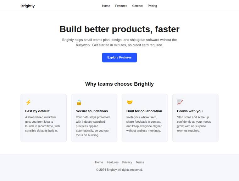 claude-sonnet-5 rendering of the Landing page with a working mobile nav toggle benchmark - composite 100.0%