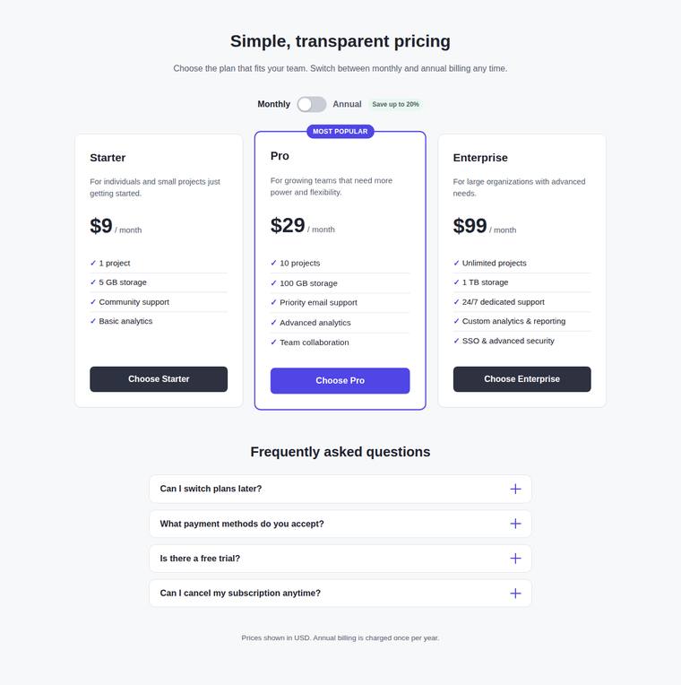 claude-sonnet-5 rendering of the Pricing page with a working billing toggle and FAQ accordion benchmark - composite 96.1%