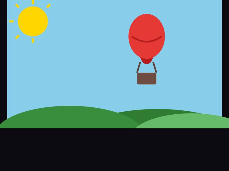 claude-sonnet-5 SVG and graphics output - Flat multi-object scene (sun, hills, hot-air balloon)