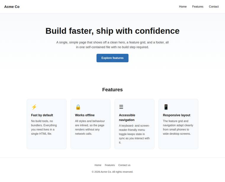 claude-sonnet-5 Websites output - Landing page with a working mobile nav toggle