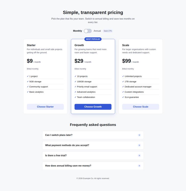 claude-sonnet-5 Websites output - Pricing page with a working billing toggle and FAQ accordion